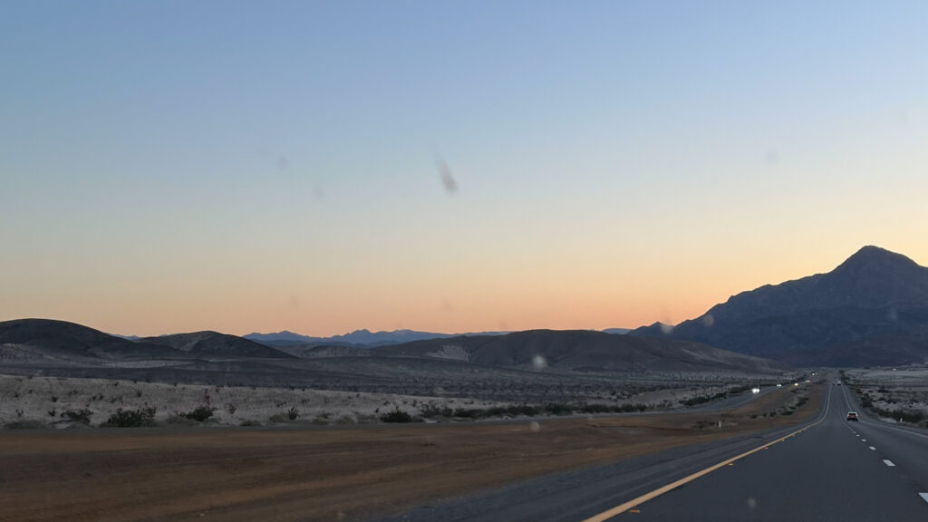 The desert as the sun was about to set during our drive from Las Vegas to Barstow