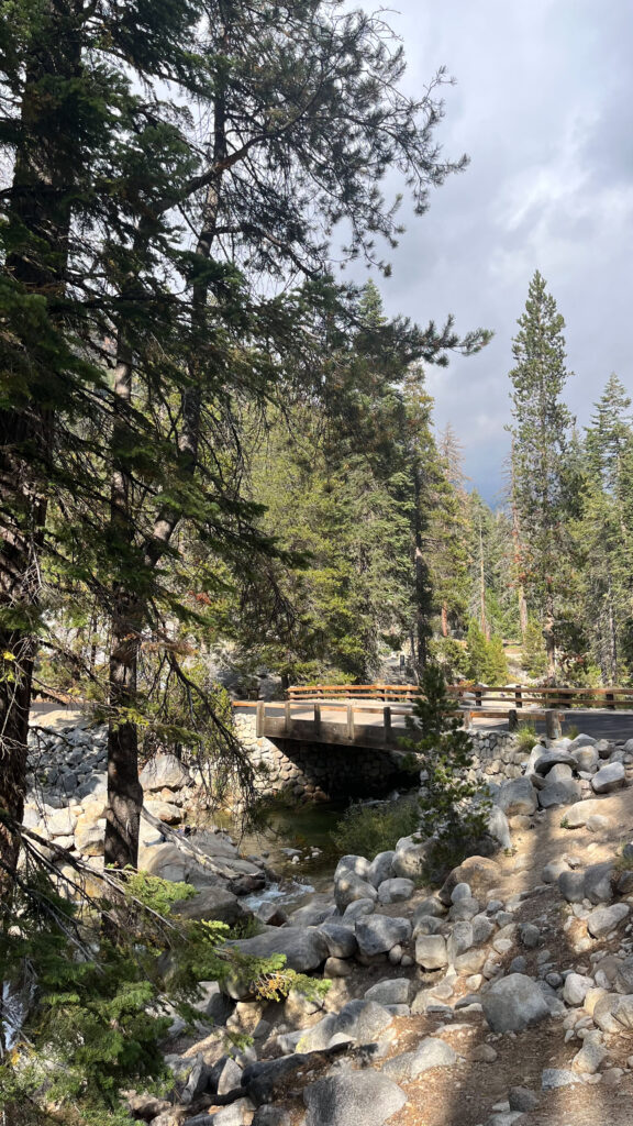 You start the Tokopah Falls Trail hike by crossing this bridge (This bridge is located on a road that runs northeast off of the road for the parking lot and is also not far from the restrooms in the parking lot that's next to Lodgepole Campground. Just ask someone for directions if you need to - people are almost always happy to help) (Sequoia National Park)