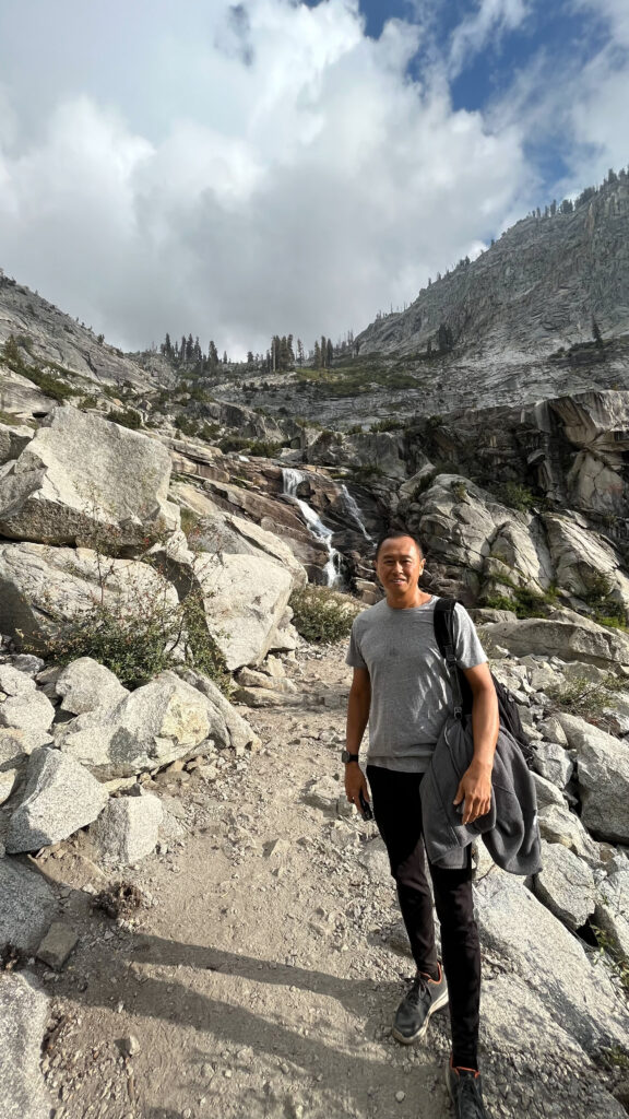 Happy that we made it to the falls at the end of Tokopah Falls Trail in Sequoia National Park