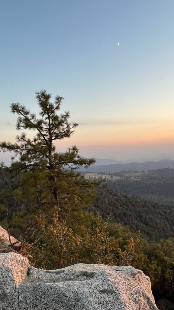 A crescent moon could be seen as the sun was setting as we drove through Sequoia National Park