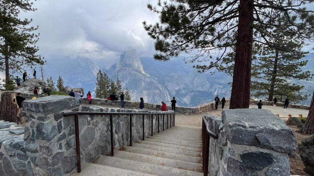 The short set of steps that lead you to the overlook at Washburn Point which provides breathtaking views of Half Dome and the eastern crest of the Sierra Nevada