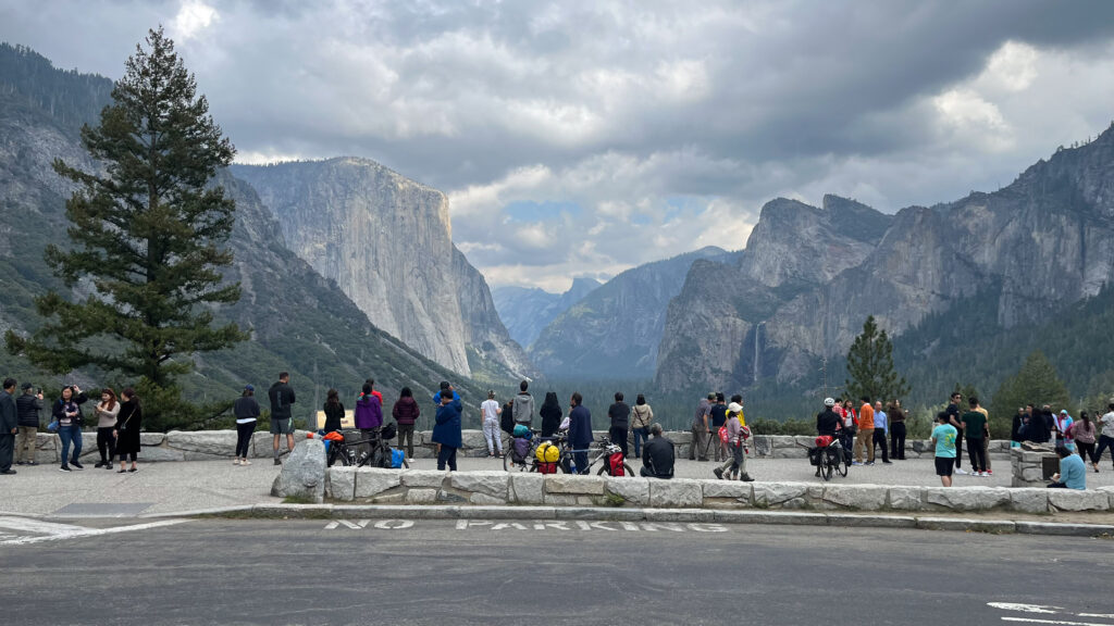 This shot from the Tunnel View parking lot has a better view of the iconic landmarks than the other one I shared from the parking lot. El Capitan is near the left, Half Dome is in the distance in the center and Bridalveil Fall is slightly to the right of the center of the photo