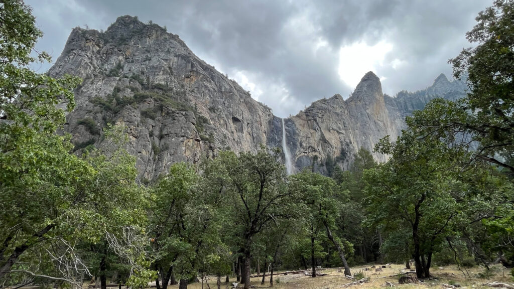 View of Bridalveil Fall from the parking on the side of Wawona Road (in Yosemite Valley in Yosemite National Park)