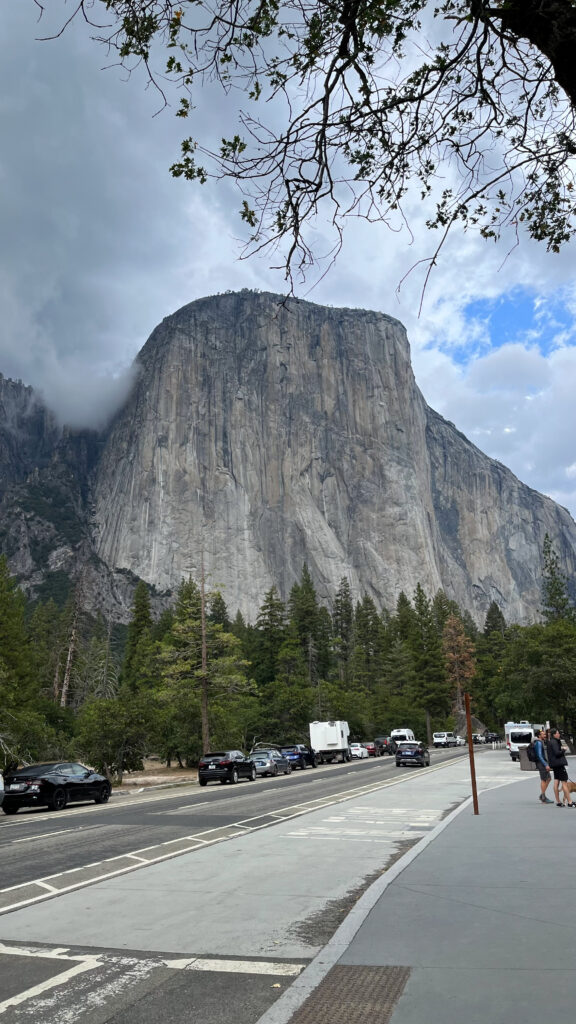 View of El Capitan from the parking for Bridalveil Fall Trail on the side of Wawona Road (in Yosemite Valley in Yosemite National Park)