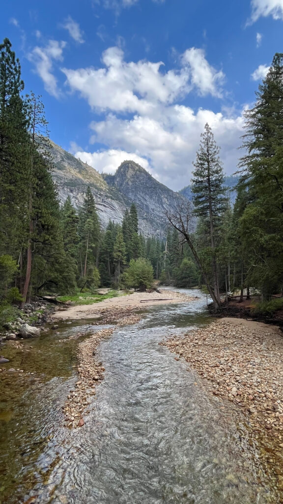 View from the bridge that crosses the Merced River on our way to Mirror Lake in Yosemite Valley in Yosemite National Park