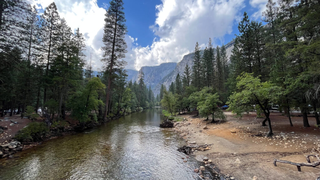 View from the bridge that crosses the Merced River on our way to Mirror Lake in Yosemite Valley in Yosemite National Park