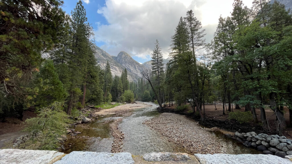 Crossing the bridge again that crosses the Merced River (The time stamp in this photo is 57 minutes from when we left this bridge on our way to Mirror Lake earlier, and another eight minutes later from this bridge we were back at our car) (Yosemite Valley in Yosemite National Park)