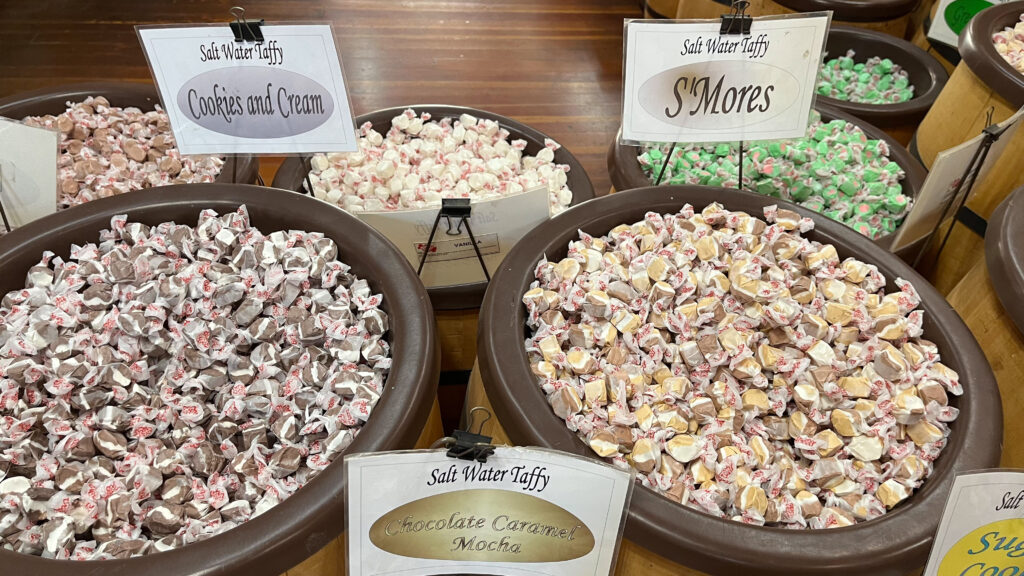 Some of the many flavors of salt water taffy available at Munchies Salt Water Taffy (Old Sacramento, Sacramento, CA)