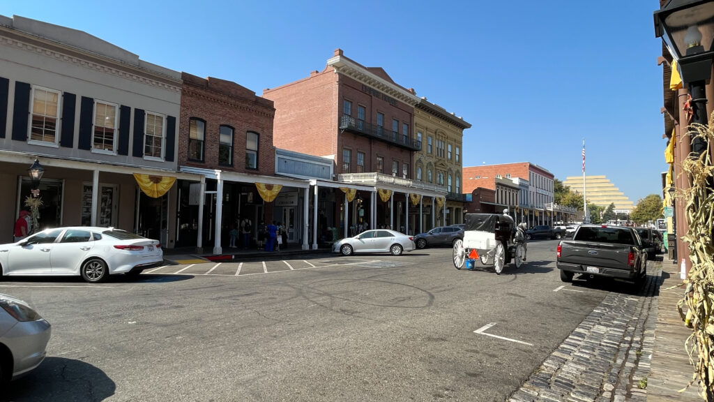 A horse drawn carriage ride in Old Sacramento, Sacramento, CA