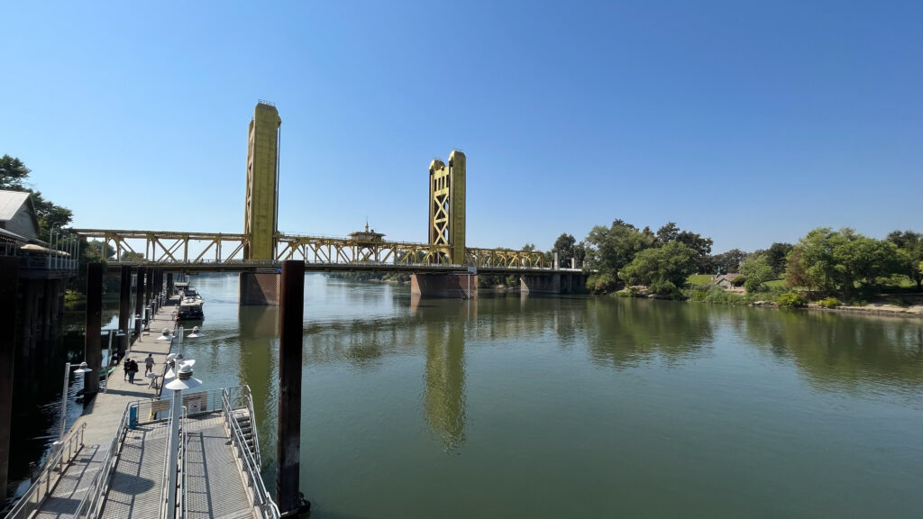 Tower Bridge crosses the Sacramento River (As seen from the waterfront in Old Sacramento, Sacramento, CA)