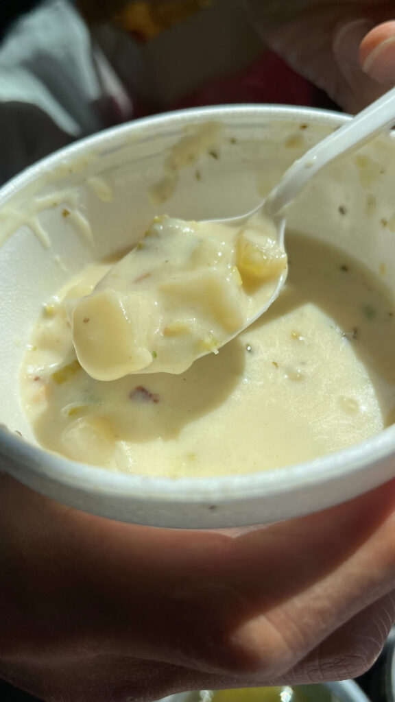 A cup of clam chowder to go from Railroad Fish & Chips in Old Sacramento, Sacramento, CA