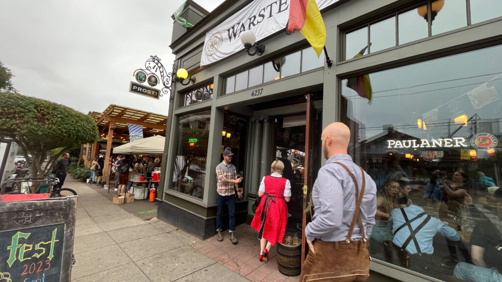 The front of Prost! in Portland, OR (All of the employees and some of the customers dress in traditional German attire)