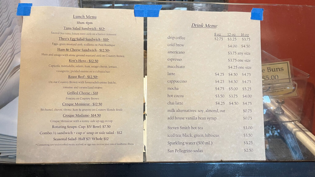 The menu for Ken's Artisan Bakery in Portland, OR