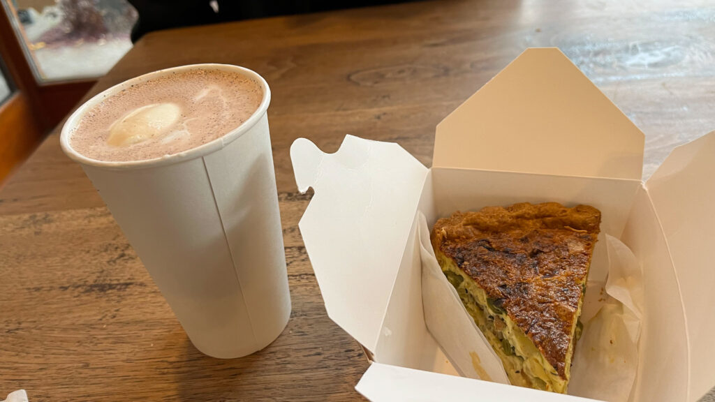 A decent but not great Quiche Lorraine and barely warm hot chocolate from Ken's Artisan Bakery in Portland, OR