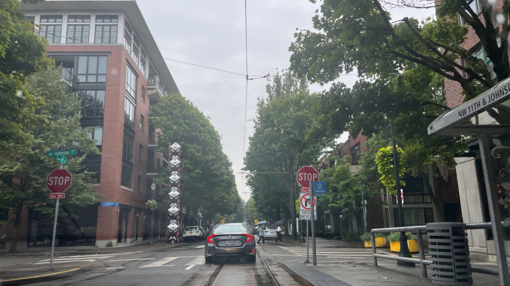 Driving through the Pearl District in Portland, OR on a rainy Sunday