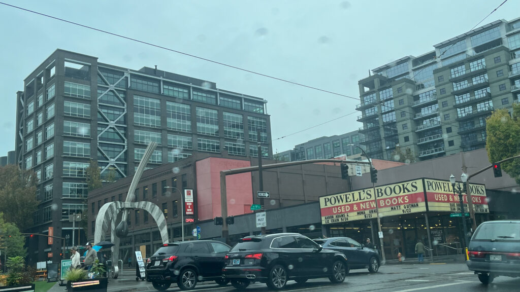 Powell's City of Books in the Pearl District in Portland, OR on a rainy Sunday