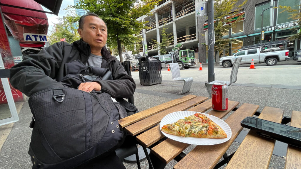 We grabbed a lunch deal for a slice of pizza and a drink during our walk on Granville Street to Granville Island (Vancouver, BC, Canada)