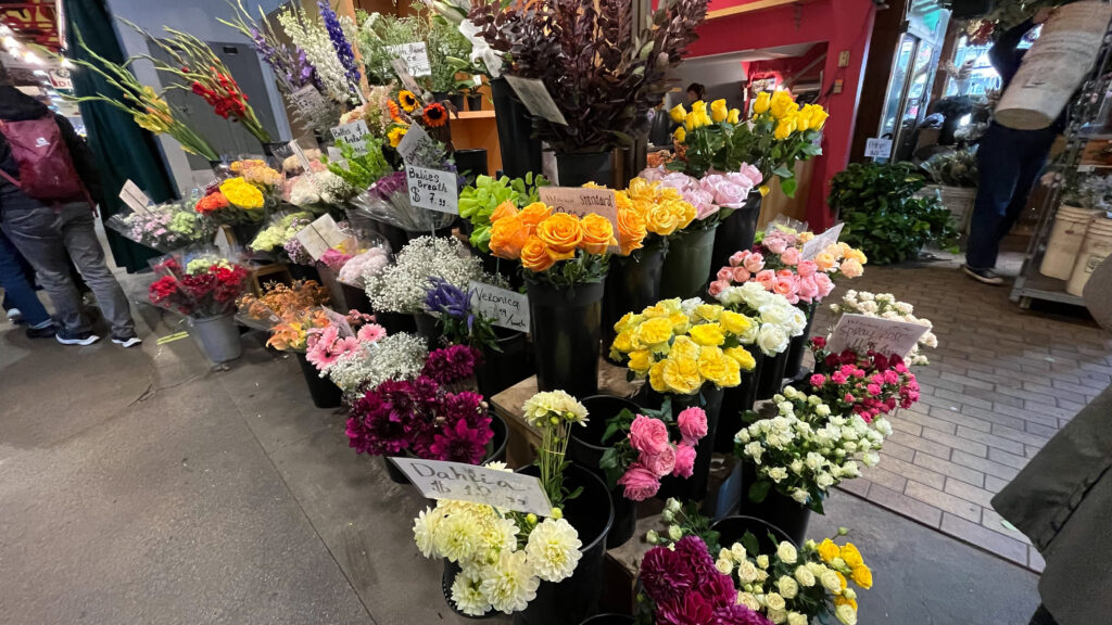 Beautiful flower bouquets for sale inside Granville Island Public Market (Vancouver, BC, Canada)