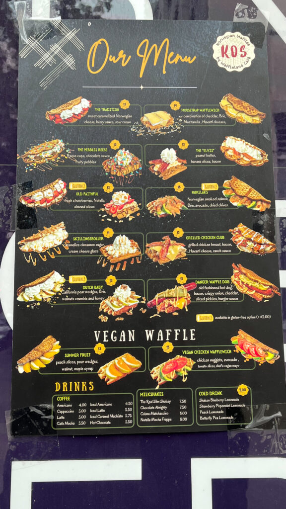 The menu for KOS Norwegian Waffles on Robson Street (Vancouver, BC, Canada)