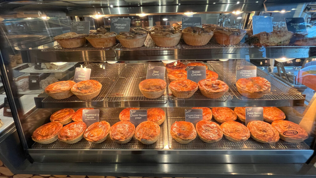 The display case featuring the various pies at Peaked Pies on Denman Street (Vancouver, BC, Canada) 