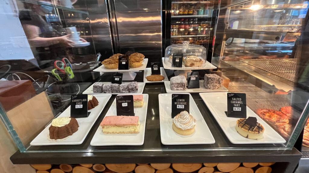 The display case featuring various desserts at Peaked Pies on Denman Street (Vancouver, BC, Canada) 