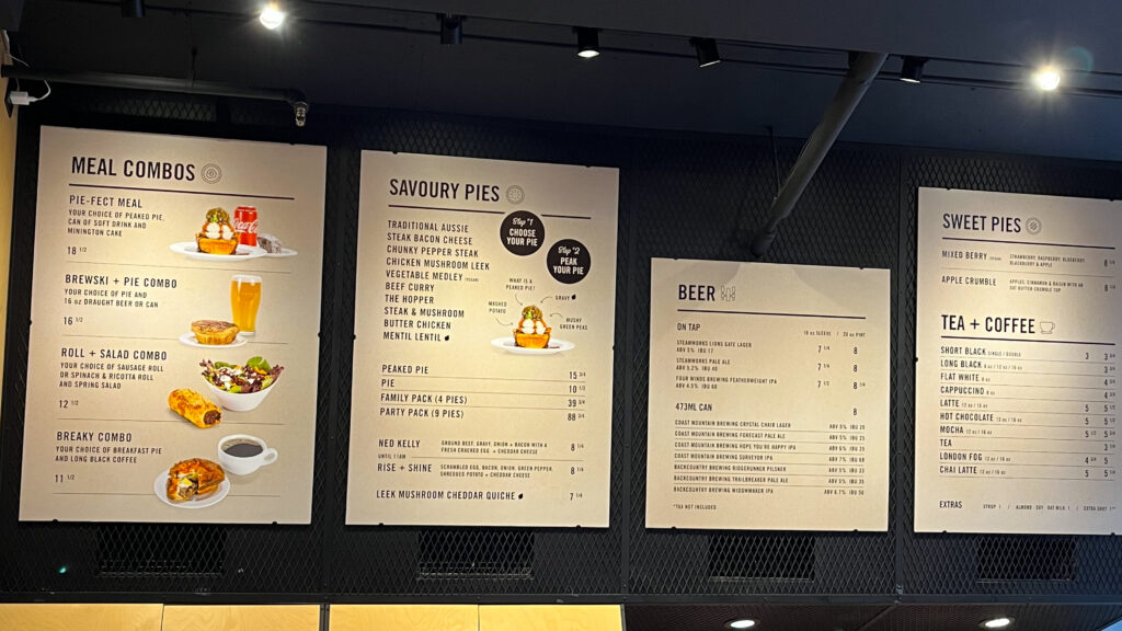 The menu at Peaked Pies on Denman Street (Vancouver, BC, Canada) 