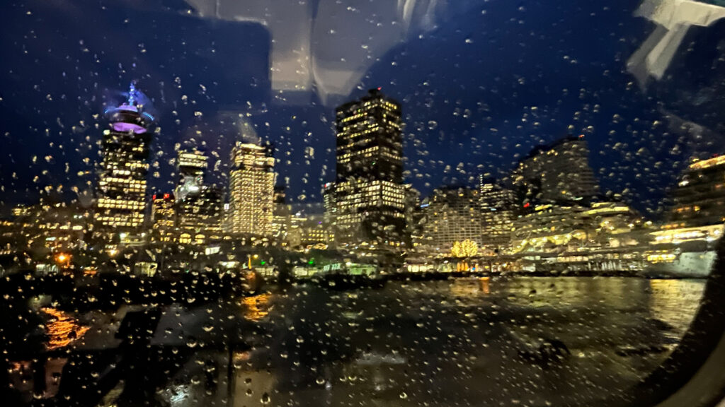 The ride on the SeaBus from Waterfront Station SeaBus terminal to Lonsdale Quay SeaBus terminal on a rainy evening (Vancouver, BC, Canada)