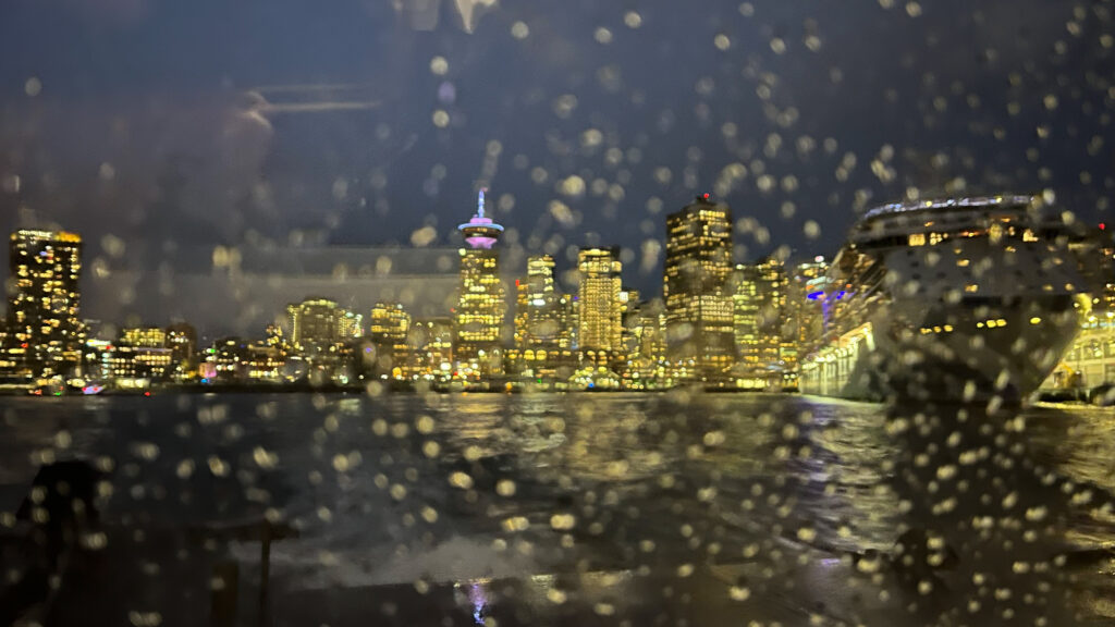 The ride on the SeaBus from Waterfront Station SeaBus terminal to Lonsdale Quay SeaBus terminal on a rainy evening (Vancouver, BC, Canada)