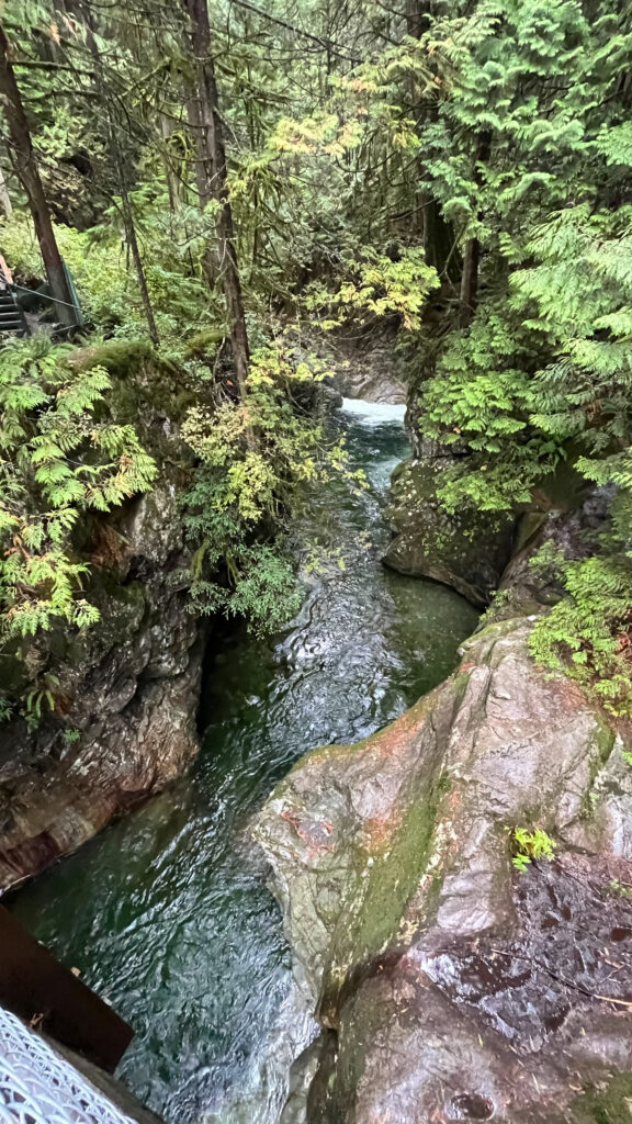 The view from one side of the wooden bridge over the falls on Twin Falls trail (Lynn Canyon Park in North Vancouver, BC, Canada)