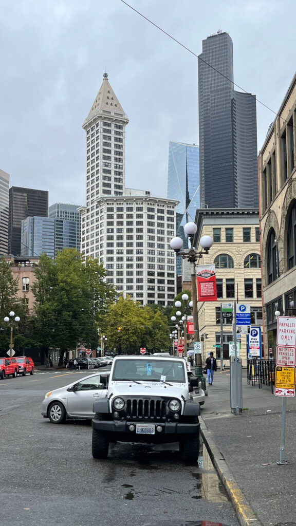 Smith Tower is in the center of the photo (Pioneer Square in Seattle, WA)