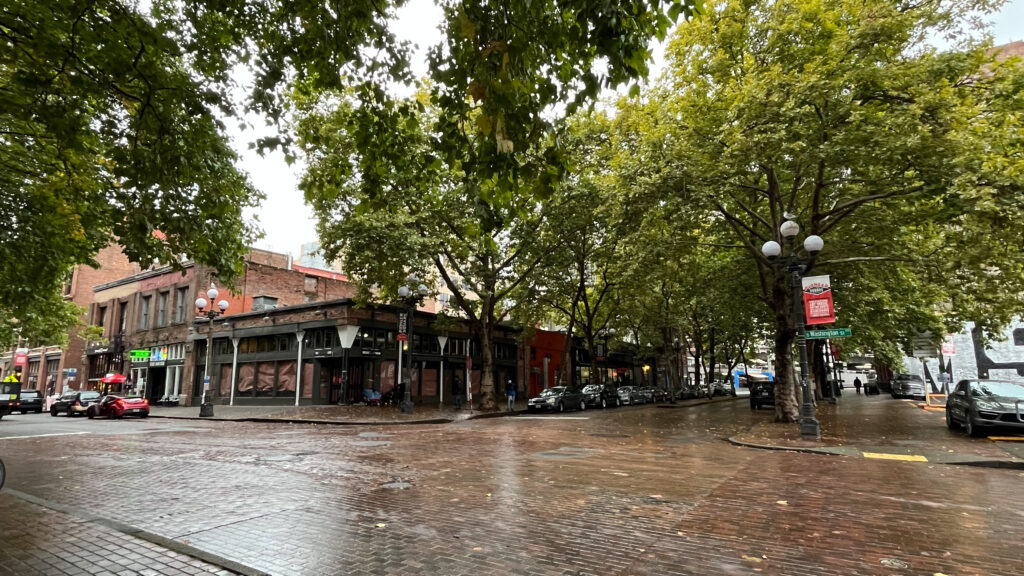 An brick lined intersection in Pioneer Square (Seattle, WA)