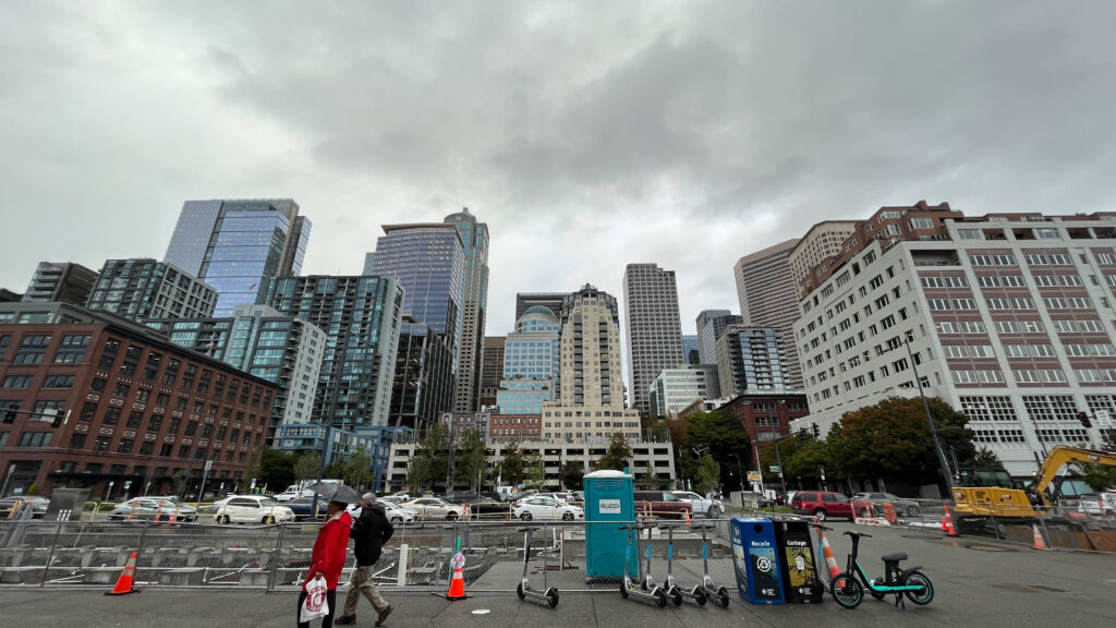 View of the the city from in front of Pier 55 (on the Seattle Waterfront in Seattle, WA)