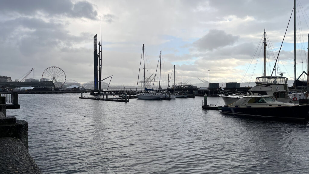 A view of Elliot Bay with The Seattle Great Wheel (on Pier 57) in the distance on the left  (Seattle Waterfront in Seattle, WA)