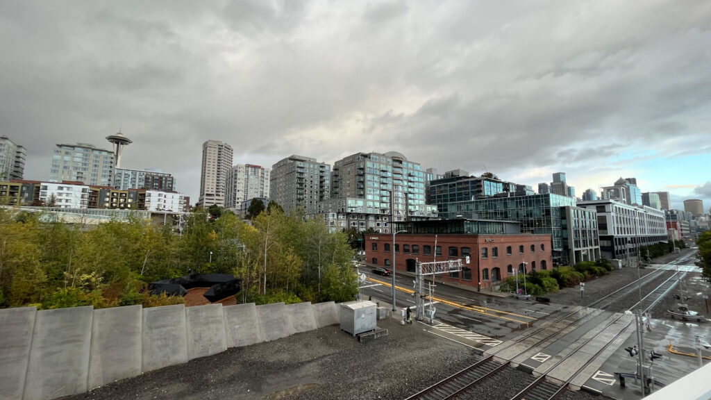 View of Seattle (with the Space Needle on the left) from Olympic Sculpture Park (Seattle Waterfront in Seattle, WA)