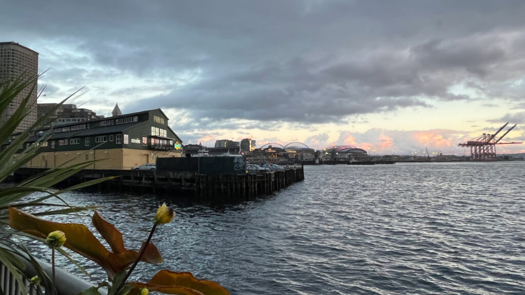 View of Elliot Bay and Pier 56 from Pier 57 as the sun was about to set (Seattle Waterfront in Seattle, WA)