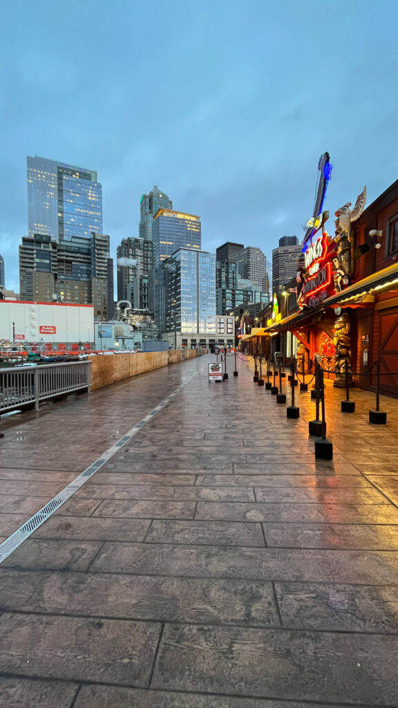 View from Pier 57 with tall buildings in the background (Seattle Waterfront in Seattle, WA)