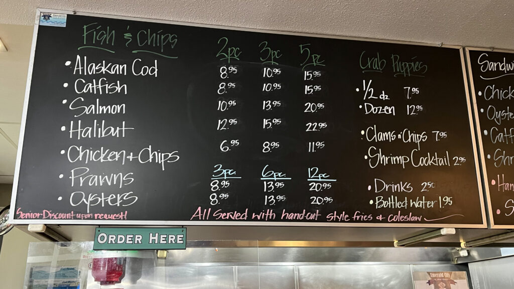 The menu for Emerald City Fish & Chips (Seattle, WA)