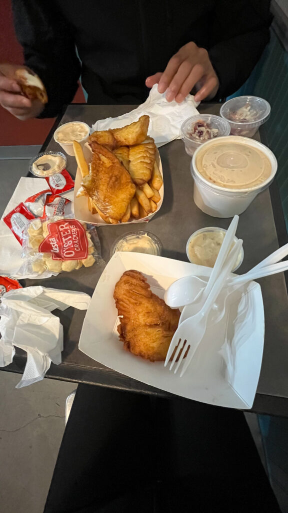 Our Alaskan cod & chips with tartar sauce, coleslaw and salmon chowder at Emerald City Fish & Chips (Seattle, WA)