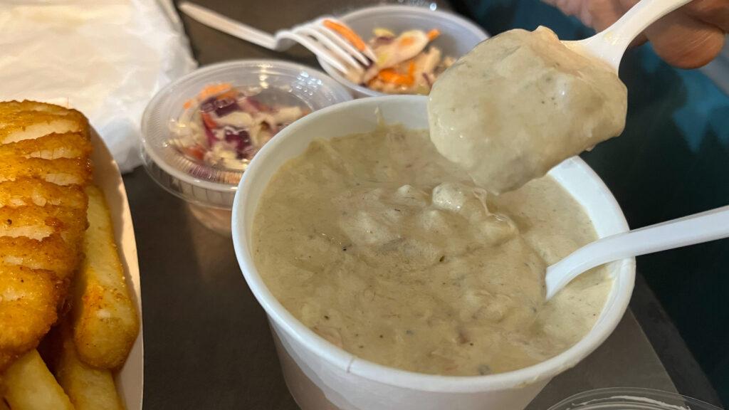 The hearty and delicious salmon chowder at Emerald City Fish & Chips (Seattle, WA)