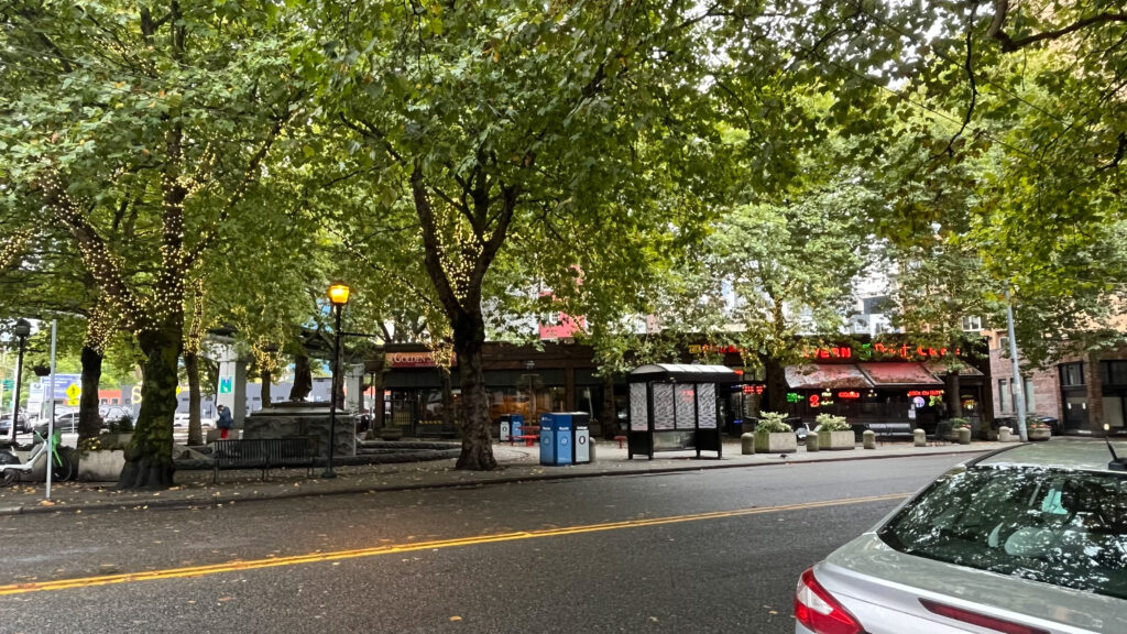 Tilikum Place, a “small square in the northwest corner of the central business district,” has a charm to it with its trees decorated with string lights. It has “a life-size statue of Chief Seattle, for whom the city was named.” We happened to walk by this during our walk from Seattle Center to Pike Place Market. (On the corner of Denny Way and 5th Ave in Seattle, WA)