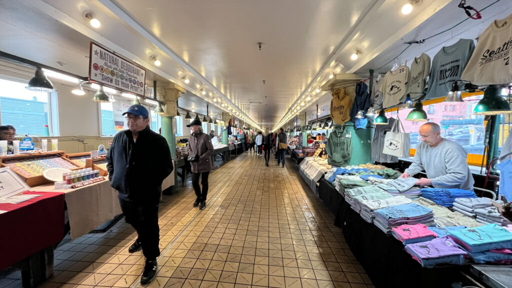 Pike Place Market during our walk to Pike Place Fish, the place famous for throwing fish in Seattle, WA