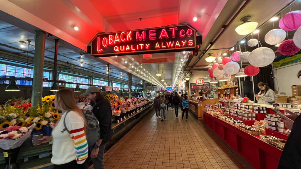 Pike Place Market during our walk to Pike Place Fish Market (Seattle, WA)