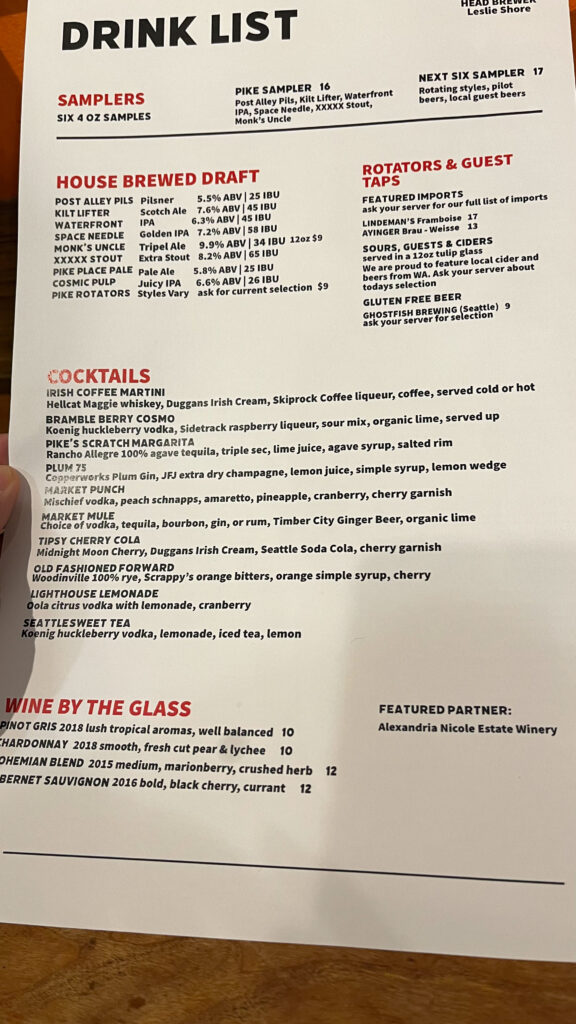 The Drink Menu at the quirky Pike Pub (on 1st Avenue, next to Pike Place Market in Seattle, WA)