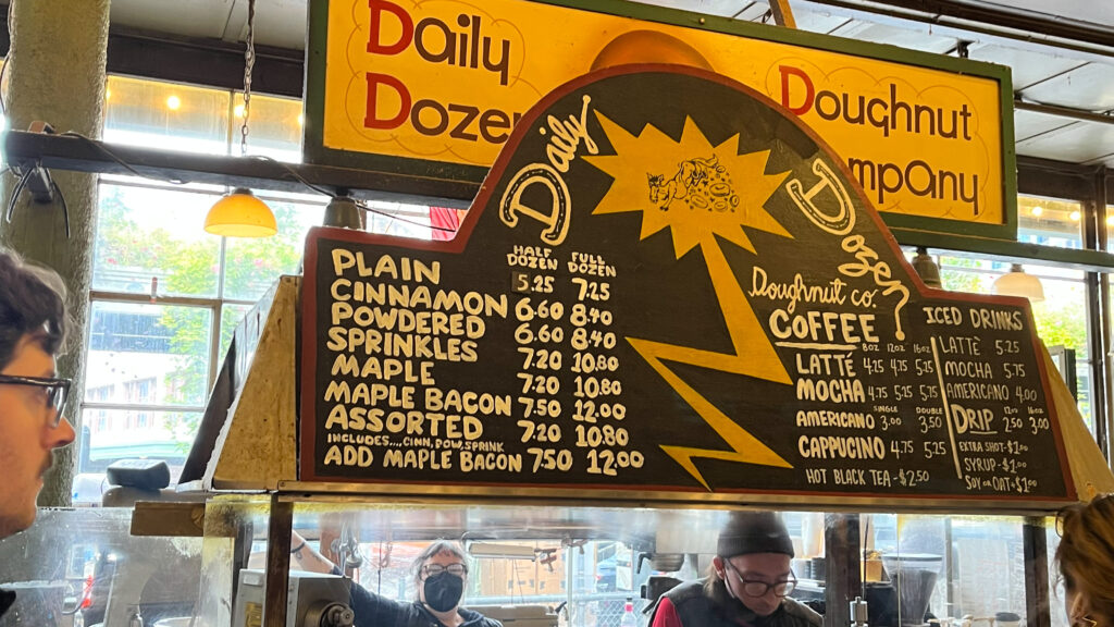 The menu for Daily Dozen Doughnut Company (Pike Place Market in Seattle, WA)