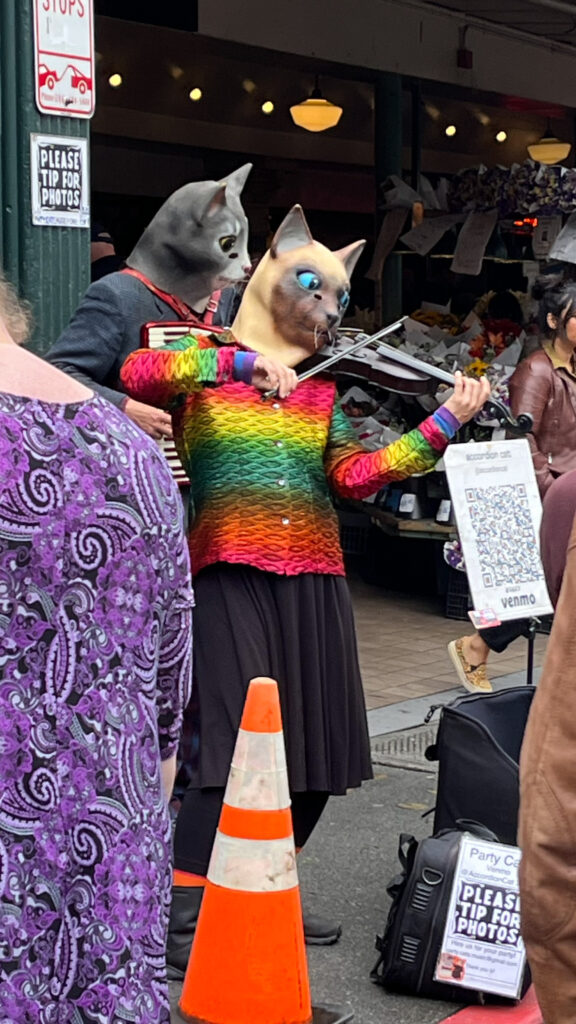 There is a lot of crazy at Pike Place Market, including violin playing, human-sized cats with an interesting taste in clothing (Seattle, WA)