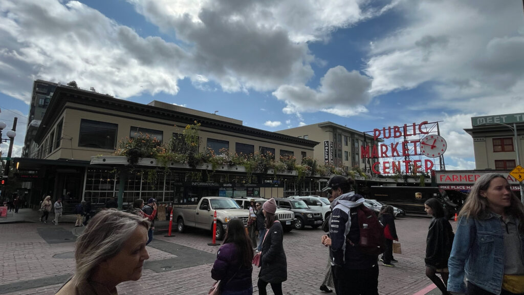 Another view of the famous sign and clock at Pike Place Market (Seattle, WA)