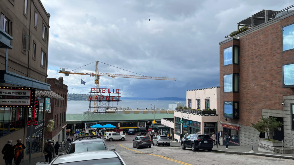 A view from Pine street of part of Pike Place Market and Elliot Bay (Seattle, WA)