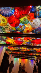 Colorful glass artwork ceiling with colorful reflections on the walls at Chihuly Garden and Glass (Seattle, WA)