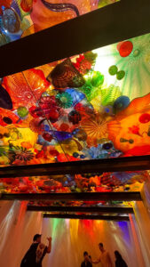 Colorful glass artwork ceiling with colorful reflections on the walls at Chihuly Garden and Glass (Seattle, WA)