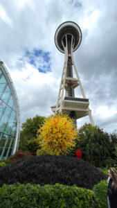 Yellow glass artwork in the garden at Chihuly Garden and Glass with the Space Needle standing high in the background (Seattle, WA)